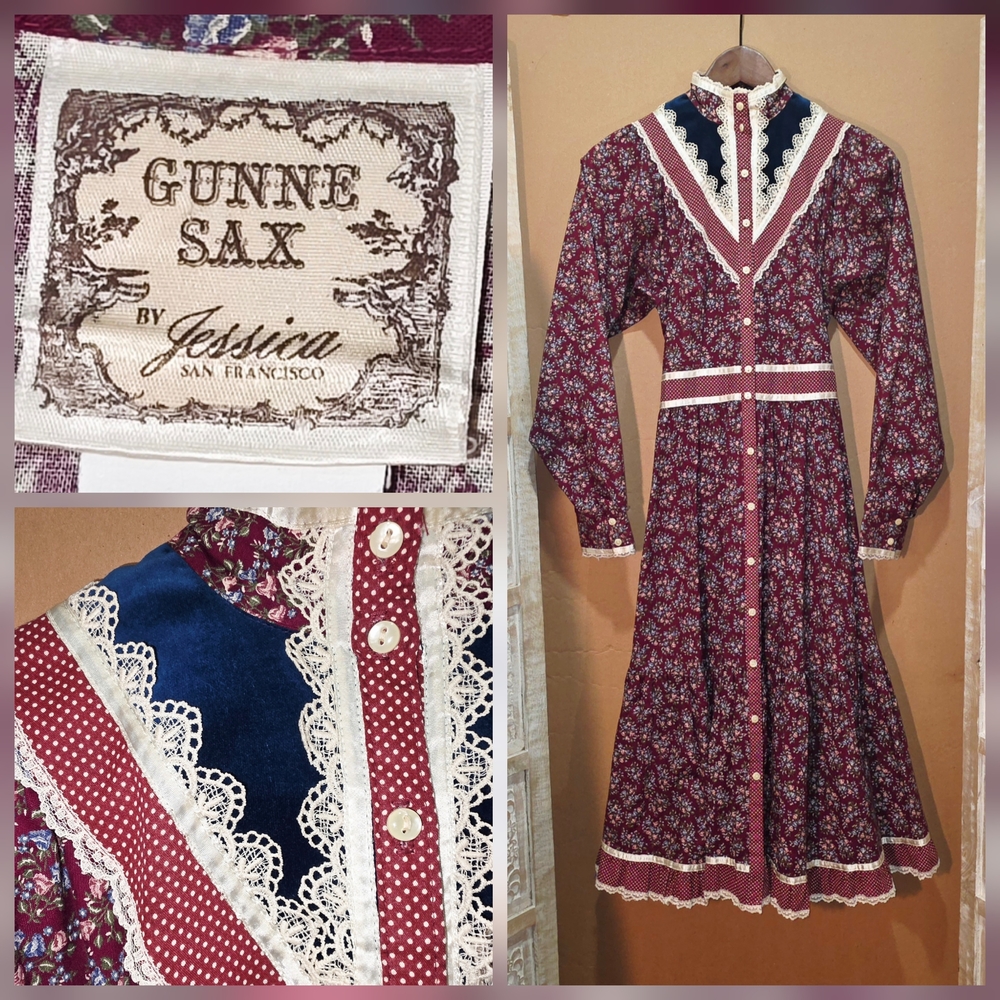 🤩 Gunne Sax Burgundy Floral Long Sleeve Dress